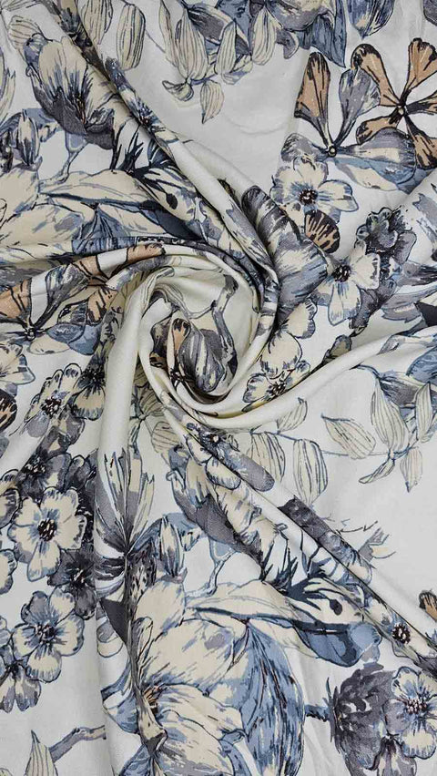 White and blue  floral print fabric