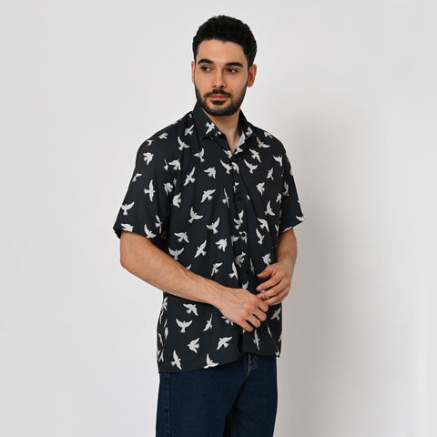 BLACK BASED BIRD PRINTED SHIRT