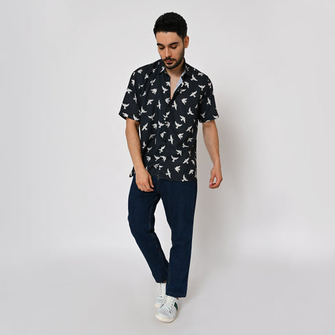 BLACK BASED BIRD PRINTED SHIRT