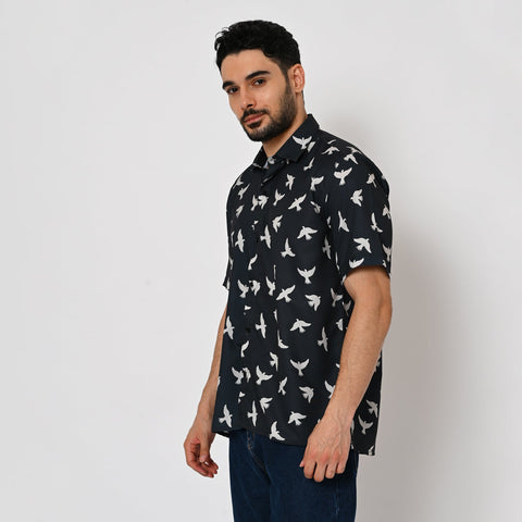 BLACK BASED BIRD PRINTED SHIRT