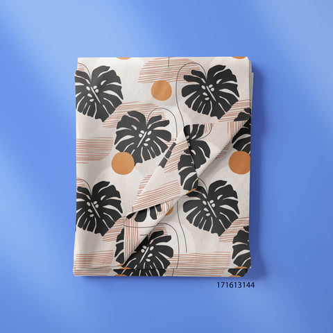 Black Tropical leaf With Orange Circles On Off White